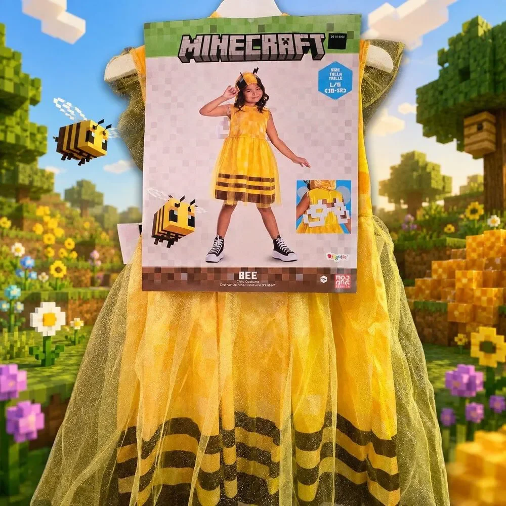 Minecraft Bee Costume Kids L 10-12 Hooded Dress Wings Halloween NWT Video Game